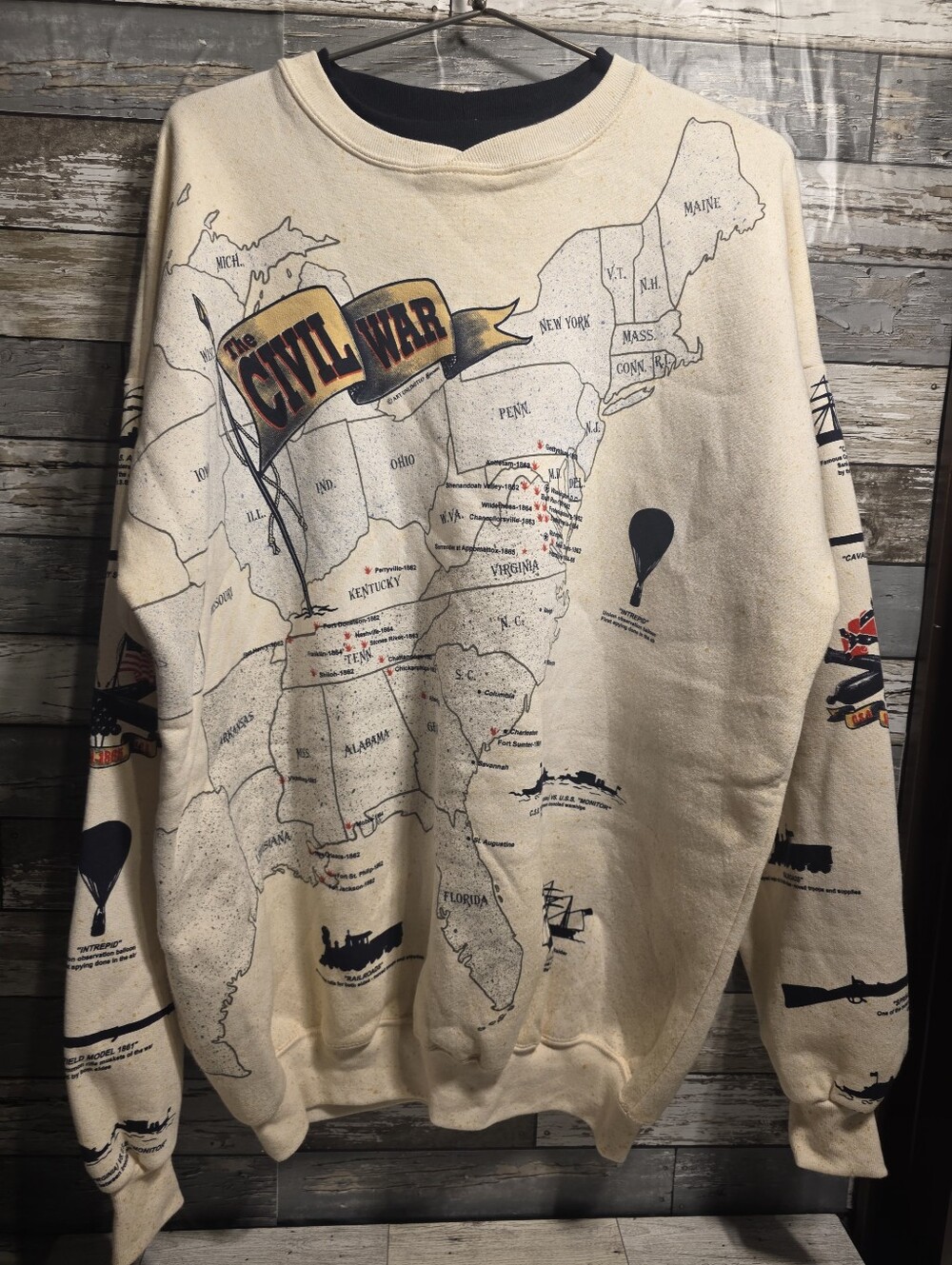 Vintage Art Unlimited Sportswear Cream Civil War Map Sweatshirt - Men